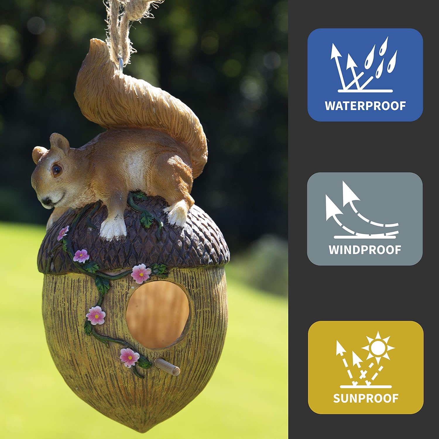 Hanging Decorative Resin Bird House | Hand Crafted Outdoor Home & Garden Décor for Wild Birds, Hummingbird, Cardinal, Finch, Bluebird | Squirrel : Garden & Outdoor