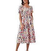 DGMYG Women's Square Neck Floral Long Dress Puff Short Sleeve High Waist Smocked Midi Dress