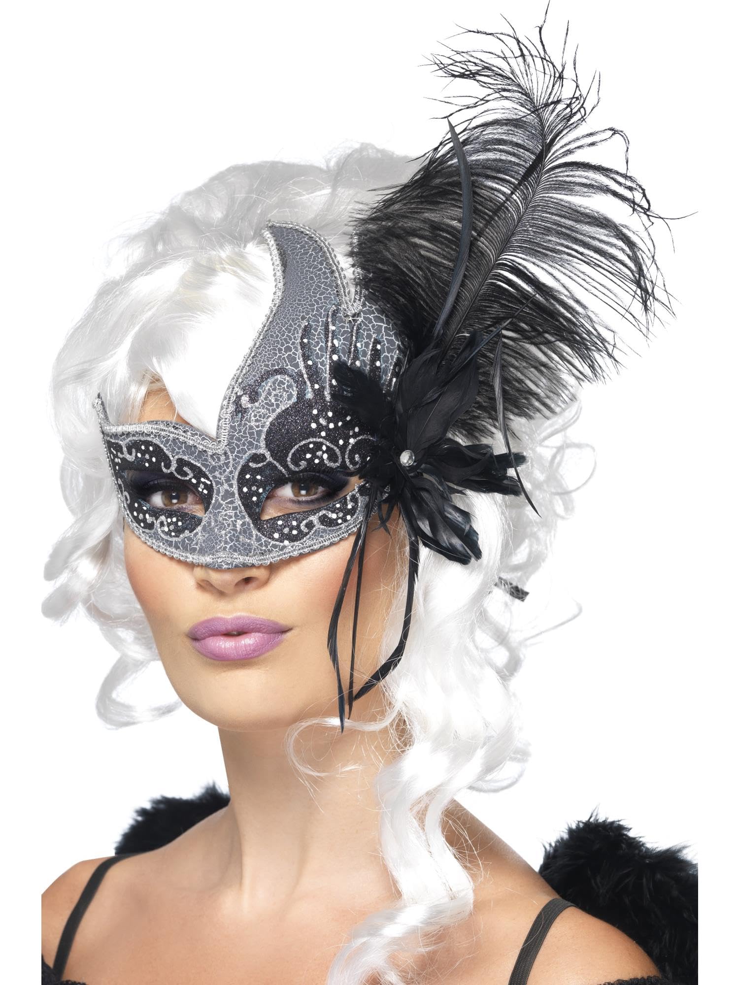 Smiffys Masquerade Dark Angel Eyemask, Silver & Black with Tie Sides & Feathers, Eyemasks Fancy Dress, Adult Dress Up Eye masks Halloween