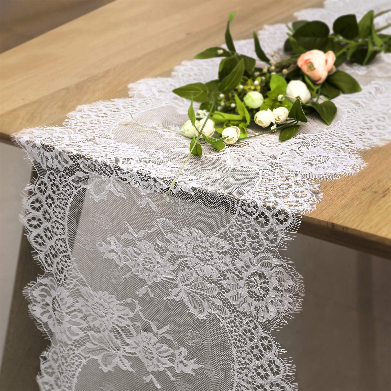 B-COOL 10 Pack Lace Table Runner White Fall Table Runners Wedding Table Decorations 14 x 120 Inch Vintage Sheer Lace Fabric Rustic Farmhouse Thanksgiving Party Decor Image