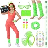 ZhouBoat 80s Fancy Dress Costume Accessories for Women Fluorescent Green | Fishnet Gloves, Leg Warmers, Headband, Glasses, Neon Accessories Jewelry Set, 80s Theme Party