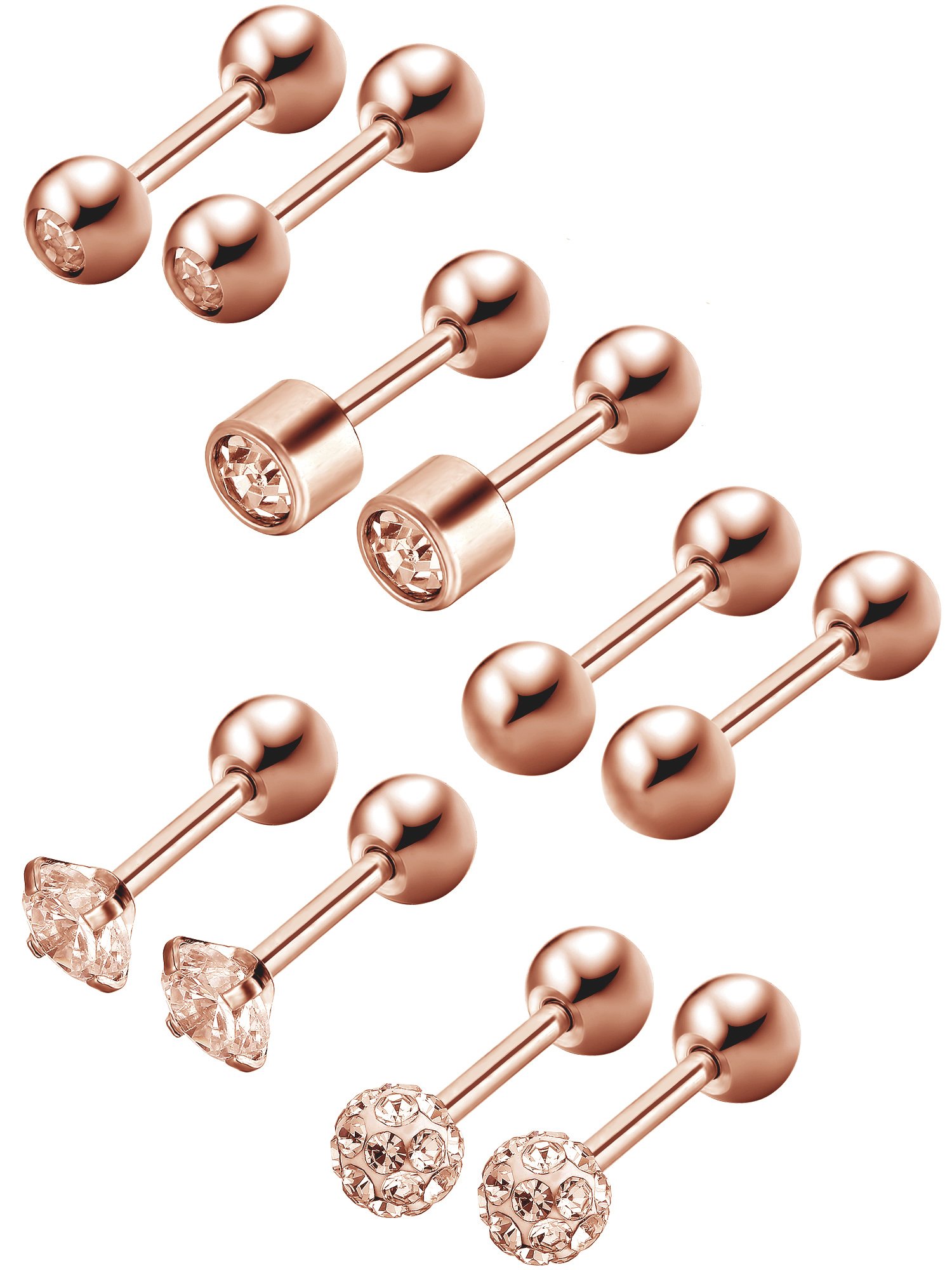 5 Pairs Stainless Steel Stud Earrings Round Ball Studs Cubic Zirconia Barbell Earring Set Helix Piercing for Tragus Cartilage Ear (Rose Gold, 5 Pairs)