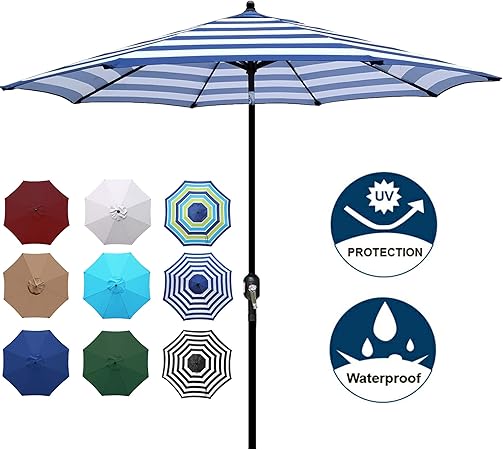 Amazon Com Blissun 9 Outdoor Aluminum Patio Umbrella Striped Patio Umbrella Market Striped Umbrella With Push Button Tilt And Crank Blue White Stripe Garden Outdoor