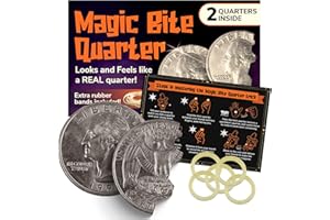 MAGNUS MAGIC Magic Coin (2 Pack) Hinged Bite Magic Tricks for Kids & Adults, Folding Coin, Optical Illusion Fake Quarters, Prank Toys - Extra Bands Included