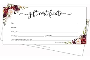 321Done Floral Blank Gift Certificates (Set of 24) 4x9 for Small Business, Holiday, Christmas Voucher, Spa, Salon - Rustic Red Roses White Script - Made in USA