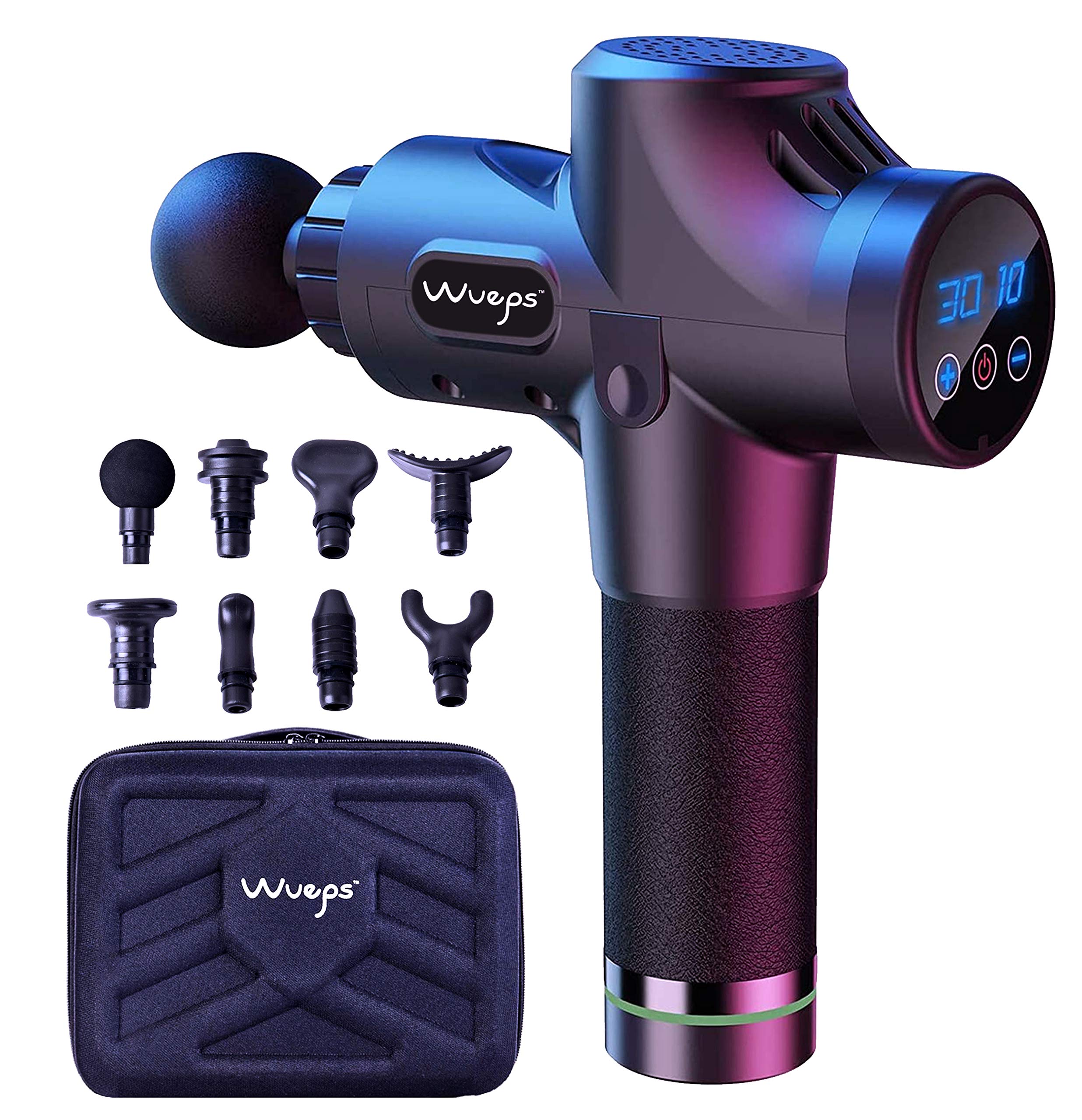 Wueps-Pistola-Masaje-Muscular-de-Tejido-Profundo-Masajeador-ProElite-Black-Mate-3300-Golpes-Por-Minuto-y-8-cabezales