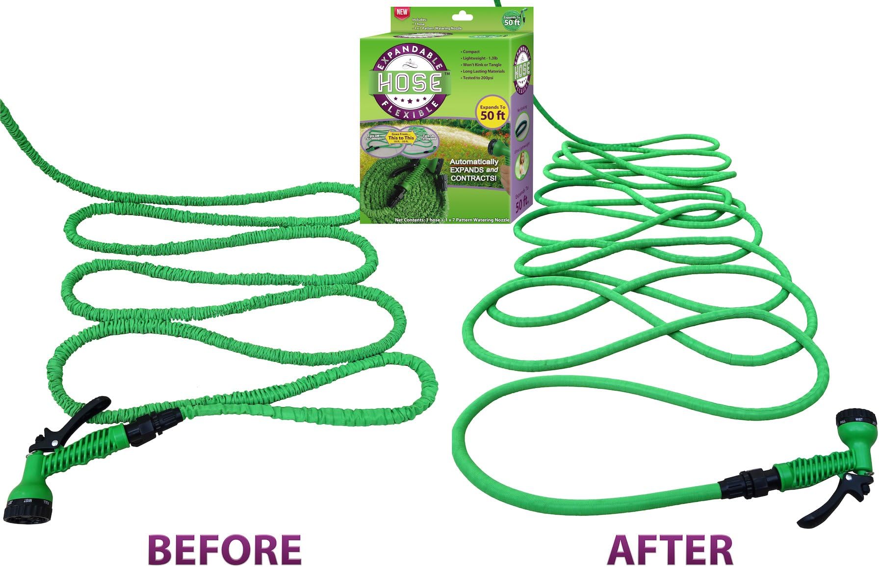 #1 Expandable Garden Water Hose & Nozzle Combo, Expanding From 17’ to 50ft, Three Times its Length – This Flexible High Volume Garden Hose is Strong Lightweight Natural Rubber and Never Kinks or Tangles. The Shrinking Garden Hose is Collapsible and Fits in Your Pocket.