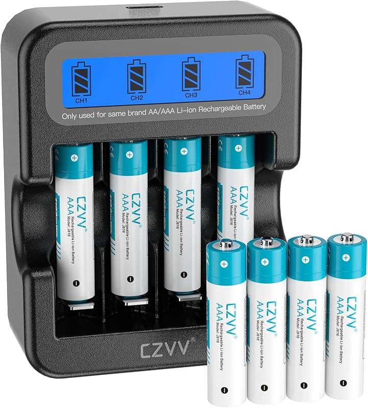 Wiederaufladbare AAA Lithium-Batterien 1,5V - Hohe Kapazität 1100mWh 8 Pack Lithium-Akkus mit LCD Ultra Schnell-Ladegerät 2H - Lange Lebensdauer 10 Jahre, 1300 Zyklen für Spielzeug, Rasierer, — Foto 1 von 7