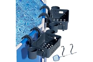 SPYONG 2 Sets Poolside Storage Basket Above Ground Pool Accessories for Most Frame Pools to Organize Towel, 2025 Upgrade Swimming Pool Storage Basket with 2 Skimmer Net Holder 4 Pool Cup Holder