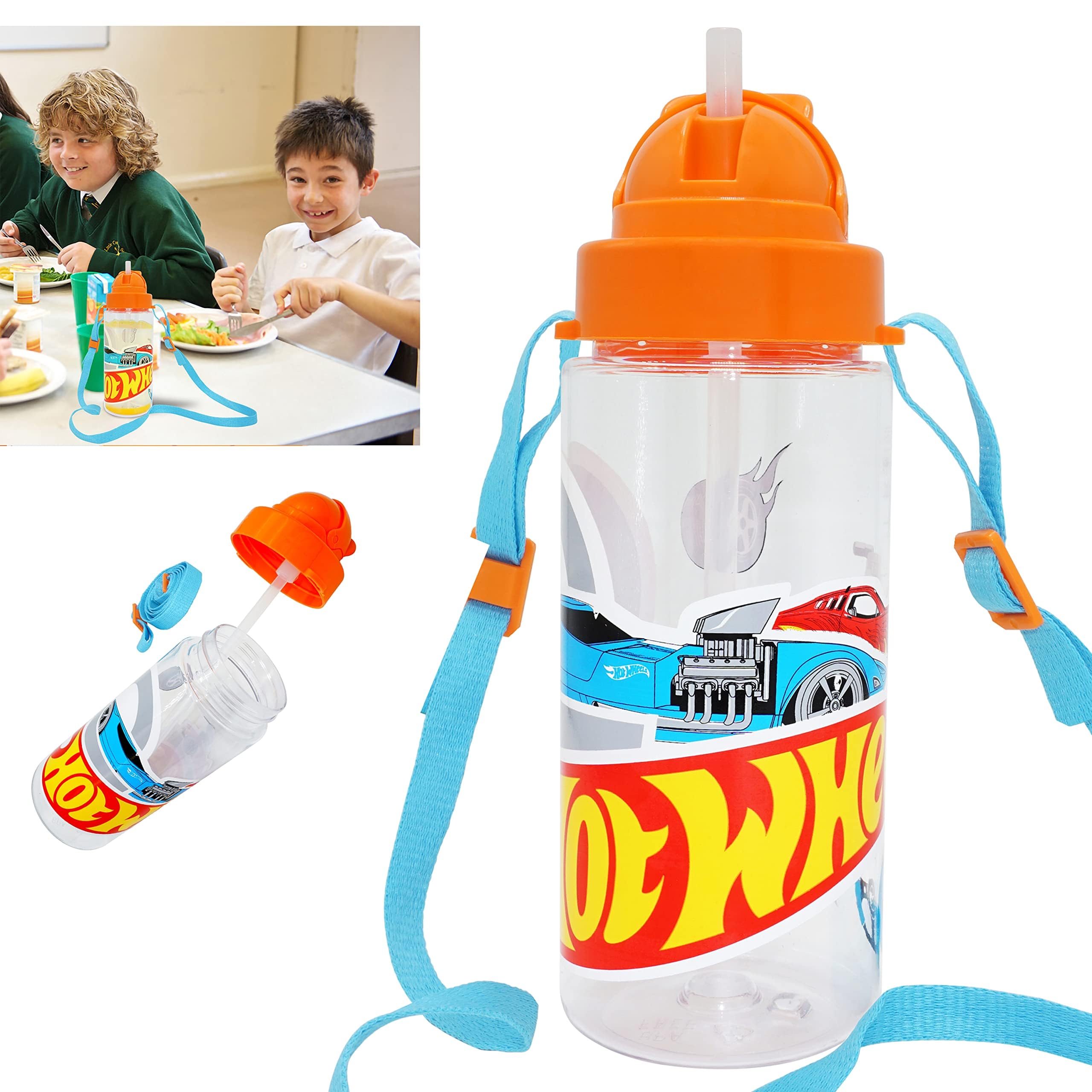 HOVUK Hot WheeIs Straw Sipper Water Bottle 500ml, Tritan Bottle with Flip Top for Kids, Leak Proof and Reusable Sports Gift for School 3+Years