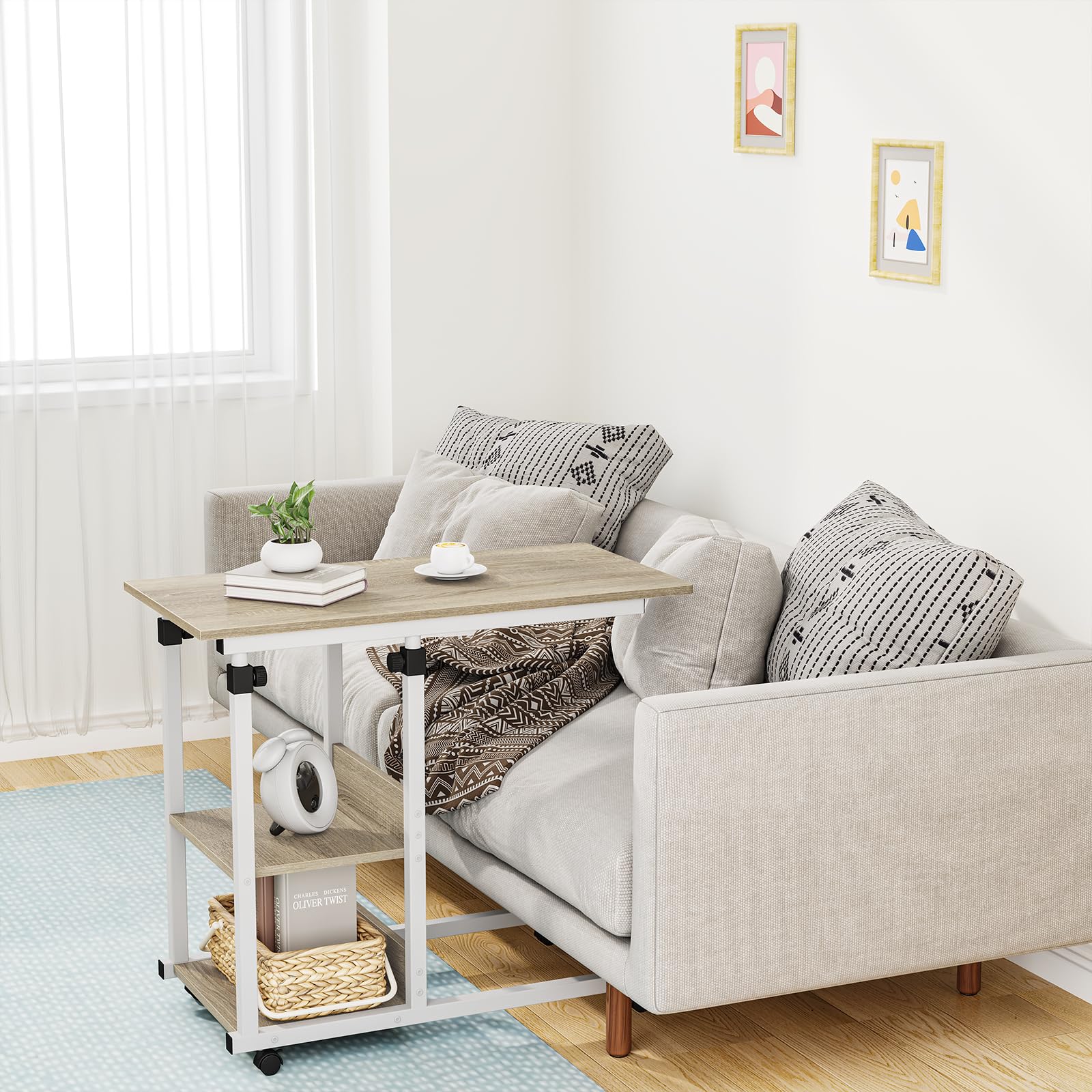 Dripex Beistelltisch mit Rollen Pflegetisch Höhenverstellbar, Schreibtisch aus Holz, Sofatisch Nachttisch Kaffeetisch Schlafzimmer, Laptoptisch Wohnzimmer, Beige 7
