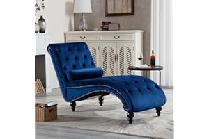 DecoraFlex Tufted Chaise Lounge Chair Indoor, Velvet Chaise Lounges with Solid Wood Legs & Support Pillow, Upholstered Couch for Bedroom Living Room Office, Leisure Sofa Recliner(Blue)