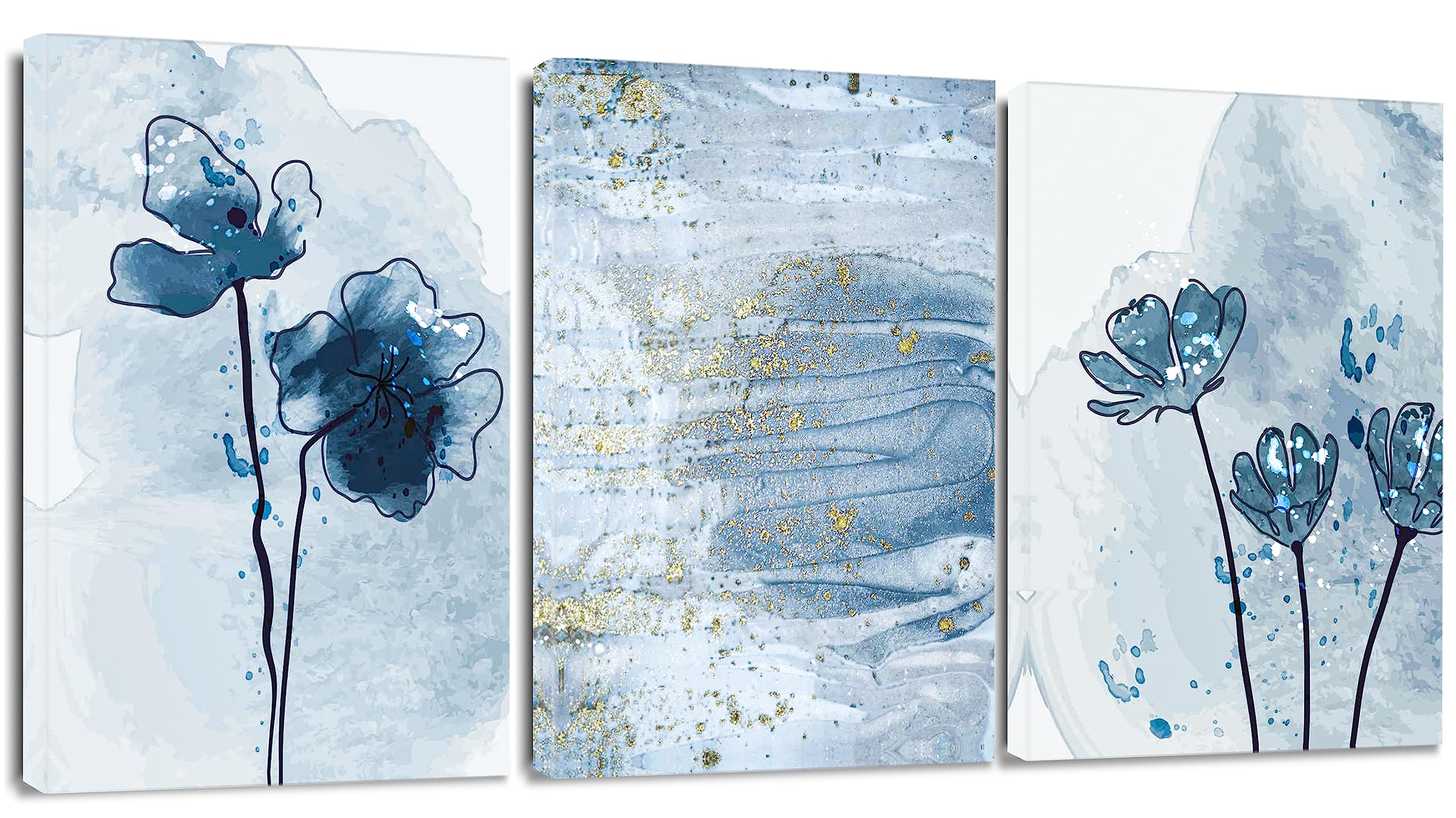 Artscope 3 Pieces Abstract Wall Art Canvas Prints - Blue and Gold Watercolor Picture Painting - Modern Wall Artwork Framed for Gifts Bathroom Living Room Home Office Decor - 30 x 40 CM — image 1