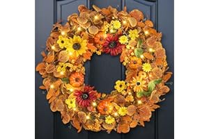 BLEUM CADE Fall Wreaths with Lights - 20" Fall Wreaths for Front Door Outside, Fall Wreath Fall Decor, Autumn Wreath for Home Window Wall Thanksgiving Halloween Decorations