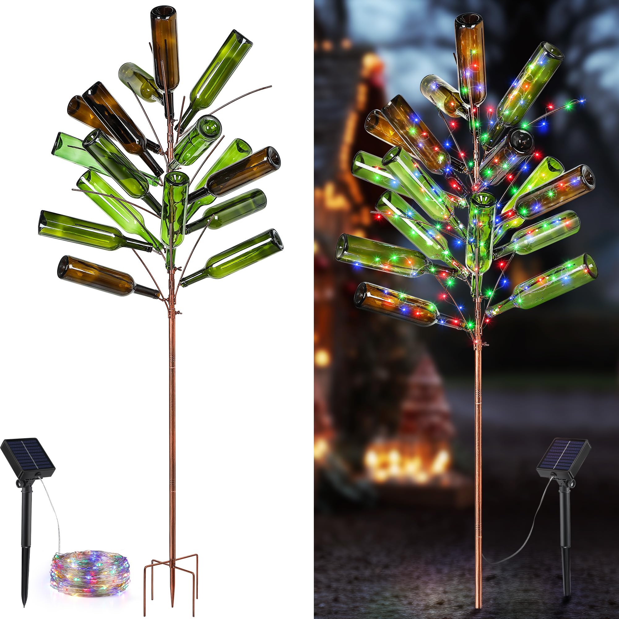 Photo 1 of Meonum Bottle Tree with Solar Light, Metal Classic Glass Bottle Tree, 61" Garden Wine Stand, Colorful Outdoor Holder for Fall Harvest & Halloween Yard Decor, Holds 24 Glass Bottles(Bronze)