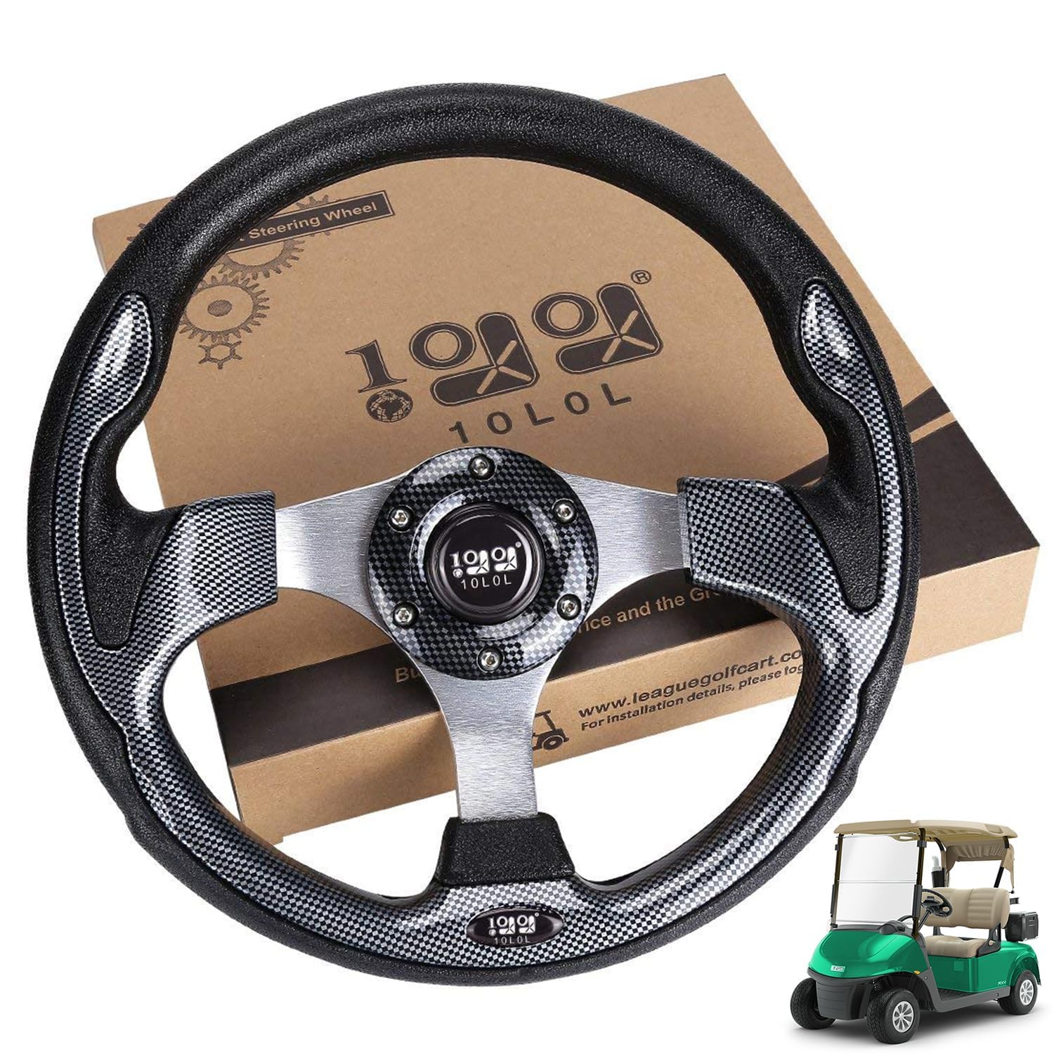 10L0L Golf Cart Steering Wheel 12.5 Inch, Skid Steering Wheel, Universal Golf Cart Fit for Yamaha G2-G29, EZGO RXV, TXT, Club Car DS, Club Car Precedent Tempo and Most（PU Leather-Gray）