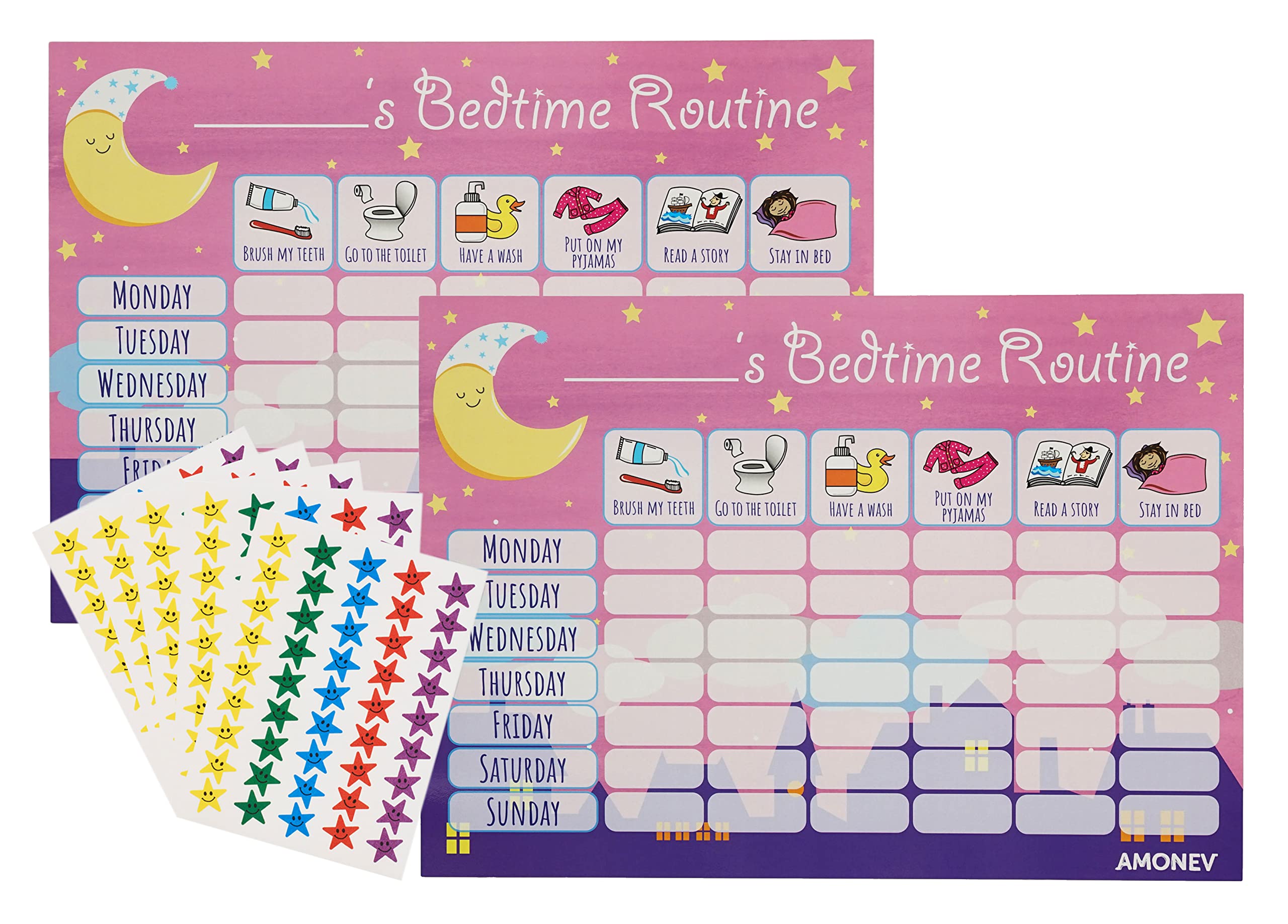 Amababy Amonev Bedtime chart 2x Pink Pack Amonev Bedtime Routine Chart Reward Chart for Sleep Training Twin Pack chart for Boys Girls toddlers and young children with 225 stars stickers included