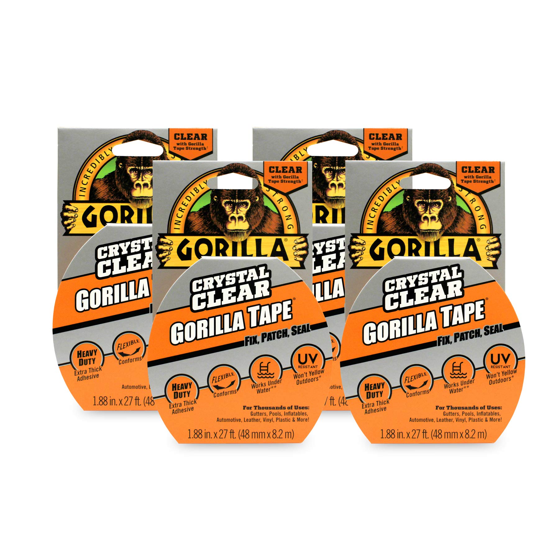Gorilla Crystal Clear Repair Duct Tape, 1.88” x 9 yd, Clear, (Pack of 4)
