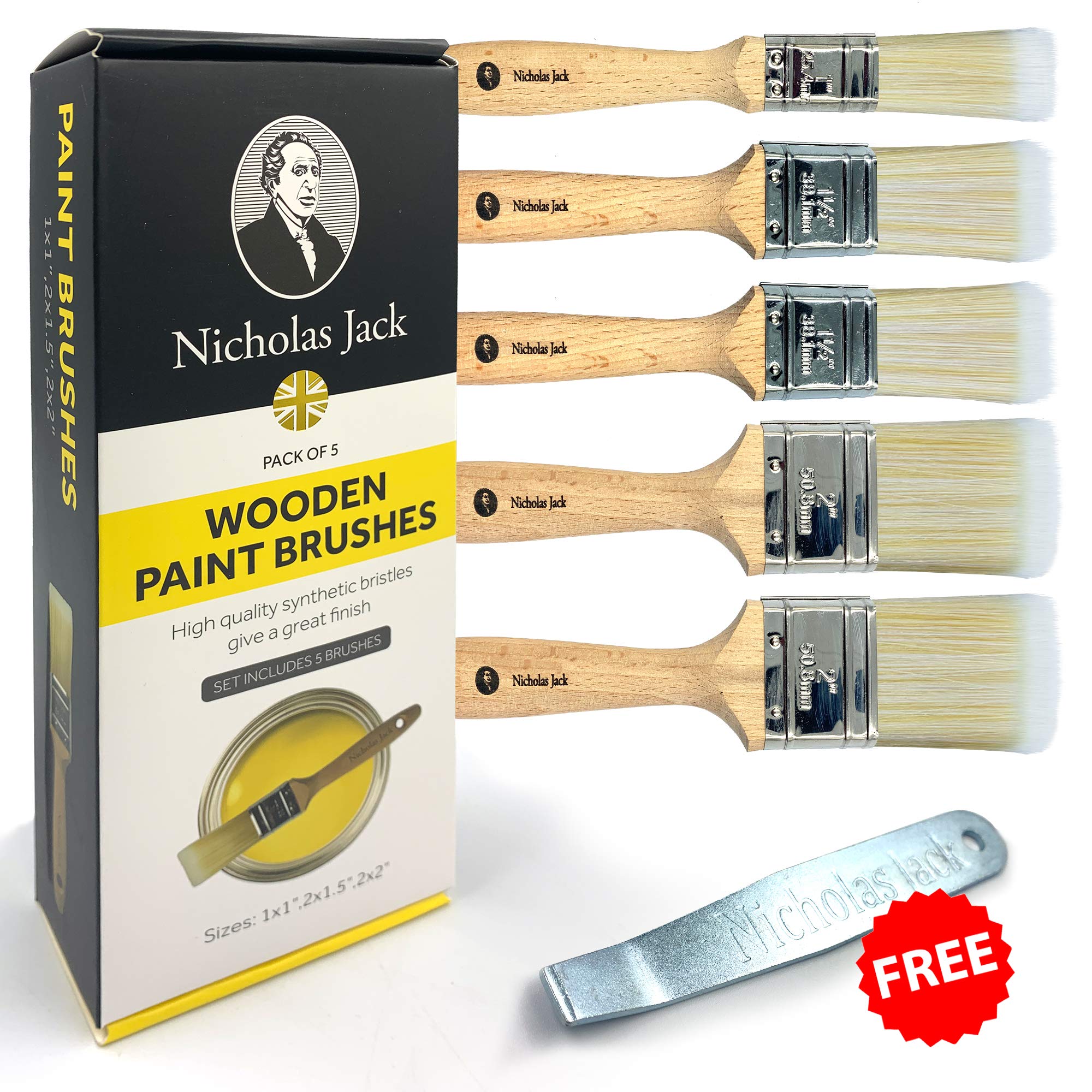 Nicholas Jack Professional Paint Brushes Decorating Set 5 Pure Synthetic Paint Brush Set for Interior & Exterior Decorating