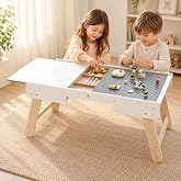 Youuys 3 in 1 Wooden Kids Activity Table &amp; Building Board Compatible with Building Block,Storage Play Table Reversible Top Legs Fold for Easy Under Bed Storage （No Chairs）