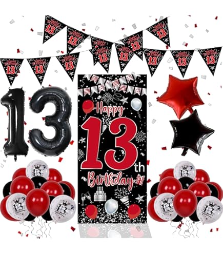 Happy 13th Birthday Door Banner Backdrop - Red Black Decor For Girls, 6.1x3 Ft Fabric Yard Sign, Photo Prop