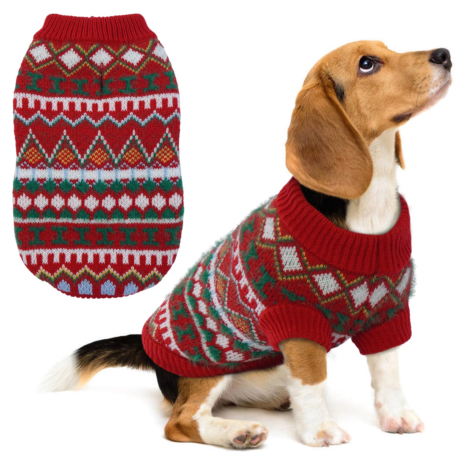 Hjumarayan Dog Jumper - Boho Dog Jumpers Small Medium Large, Knitted Christmas Sweater with Harness Hole, Thick Warm Winter Clothes for Bichon Frisé, Shih Tzu, Poinsettia M