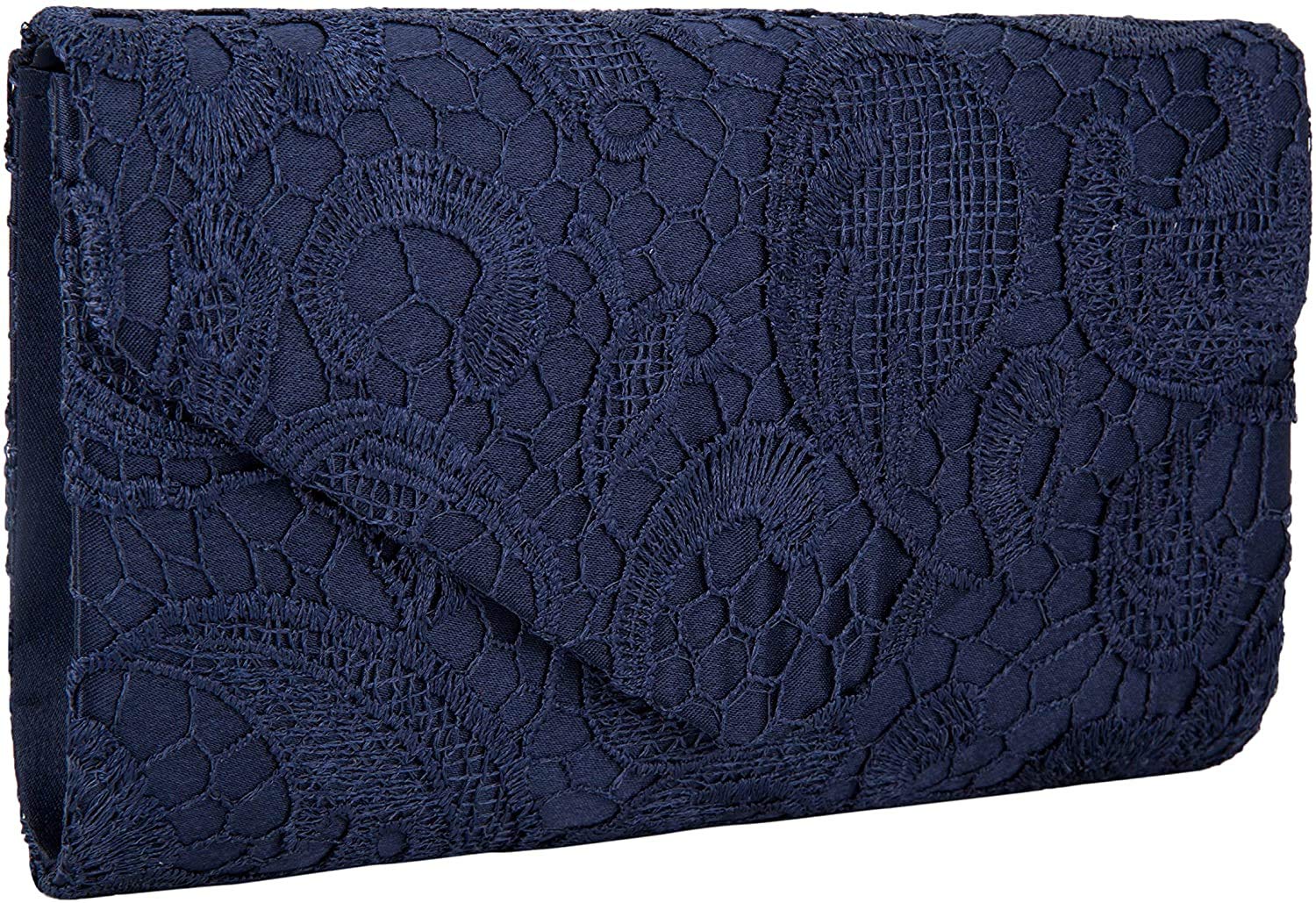 SYMALL Women's Satin Floral Lace Clutch Evening Bridal Handbags with Shoulder Chain Wedding Clutch for Party Coctail, Dark Blue