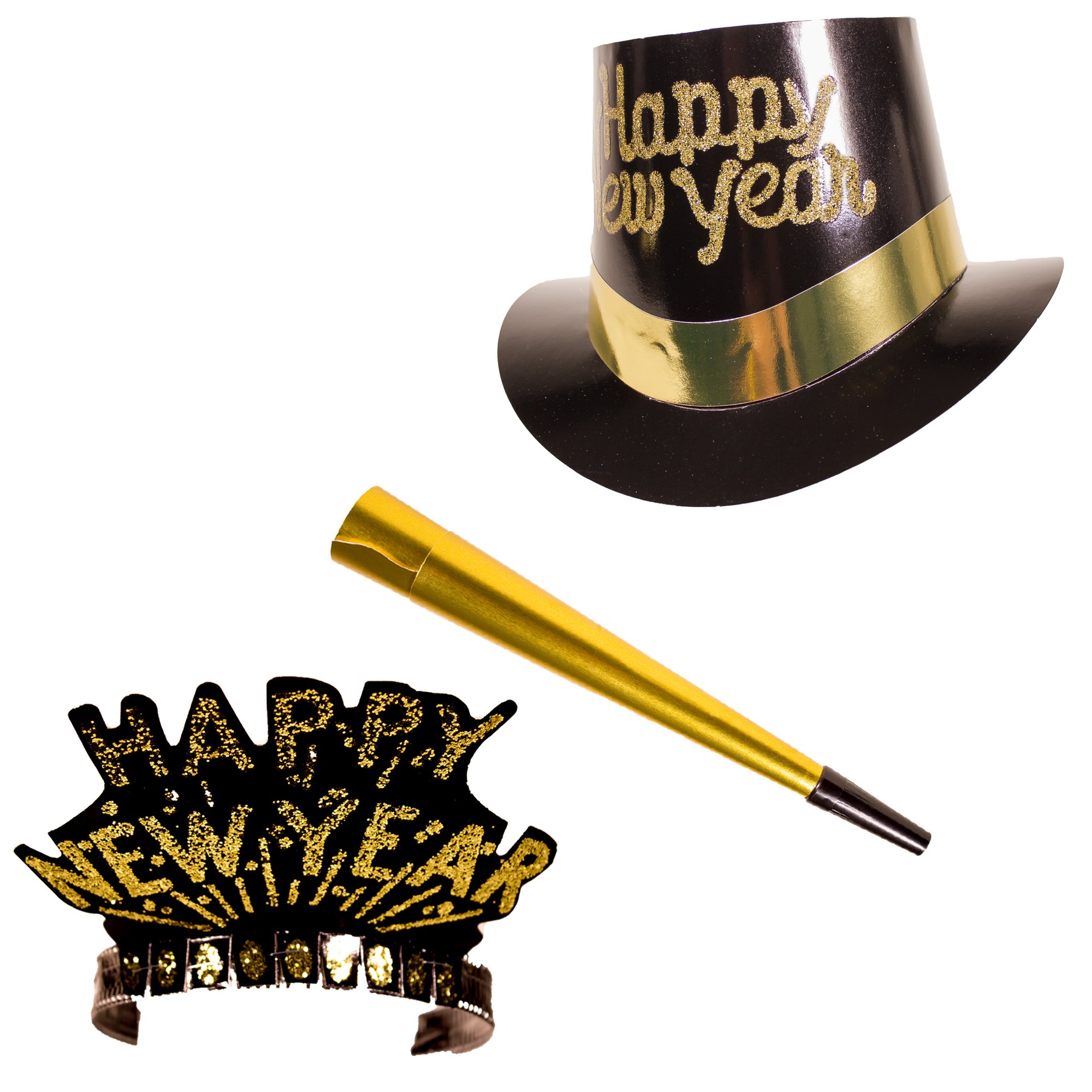 New Years Eve Party Hats and Tiaras Set Black & Gold Props Kit for 10