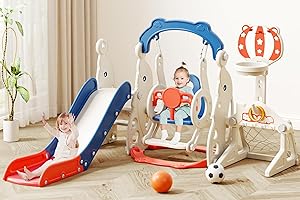 67i Toddler Slide Swing Set Indoor Playground for Kids 1-3, Multi-Activity Play Center Basketball Ring Toss Adjustable Height Safe Plastic (Blue, with Football)