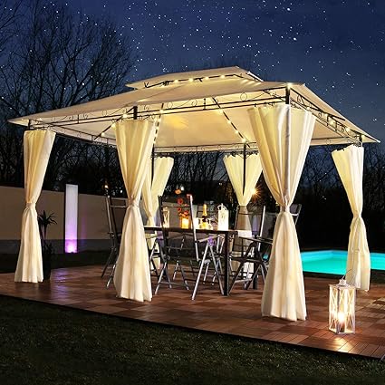 Swing & Harmonie Luxus LED - Pavillon 3x4m Minzo - inkl. Seitenwände mit LED Beleuchtung + Solarmodul Designer Gartenpavillon