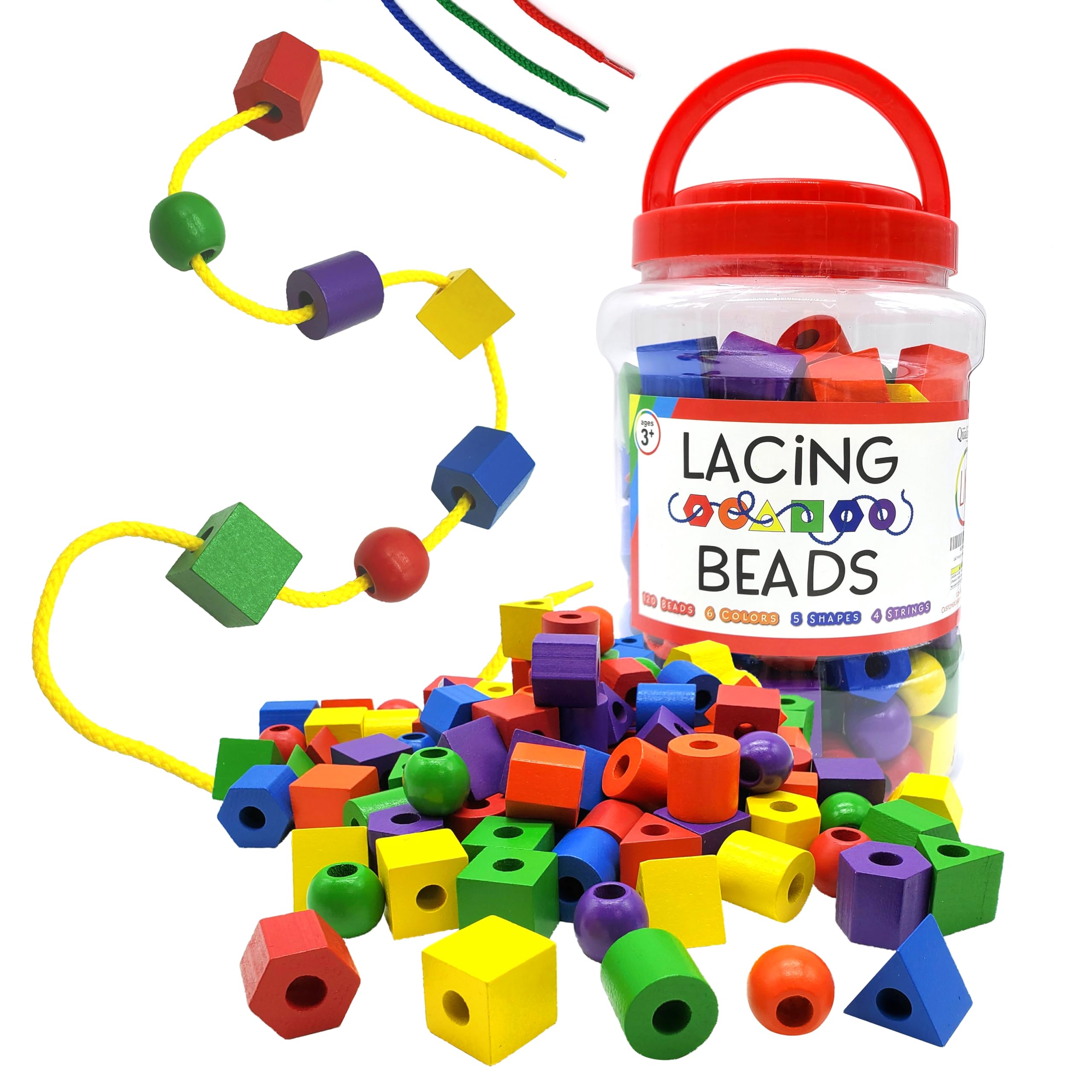 LMC Products Wooden Lacing Beads Strings 125 Pieces, Fine Motor