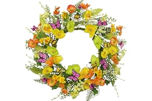 KORSMV Artificial Spring Summer Wreath with Colorful Wild Flowers, Mixed Green Leaves, Ivy Leaves, Fern Leaves, Seed Berry and Butterfly for Front Door Indoor Outdoor Farmhouse Home Wall Decor