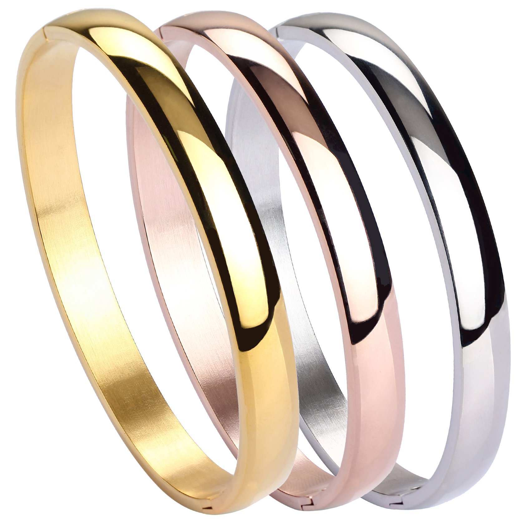 MILAKOO 3Pcs Silver/Gold/Rose Stainless Steel Oval Bangle 8mm Wide High Polished Bracelets Boho Cuff