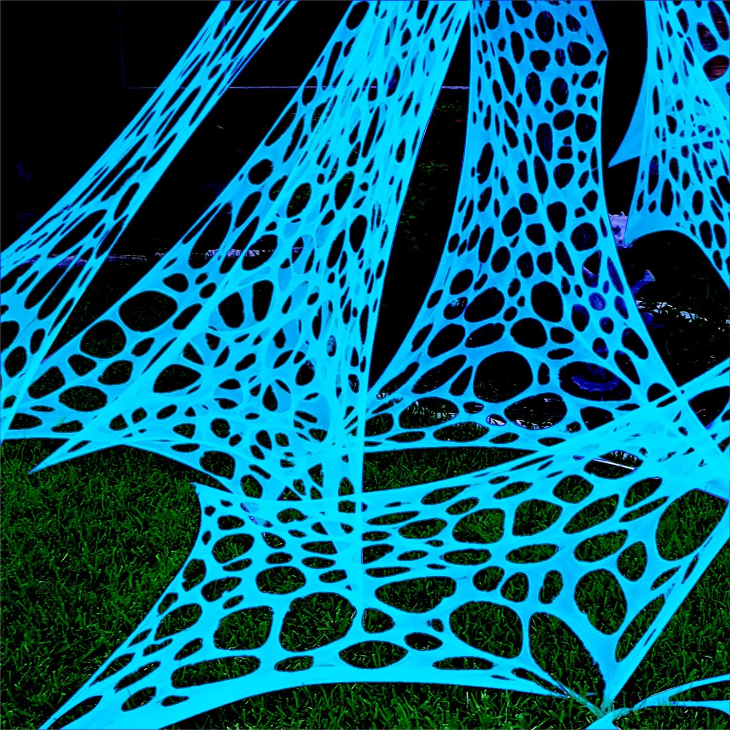 Photo 1 of 700 Sqft Glow-in-The-Dark Giant Spider Web Halloween Outdoor Decoration, Giant Outdoor Spider Decorations Set, with 3 Blacklight (24FT x 4FT)(White)