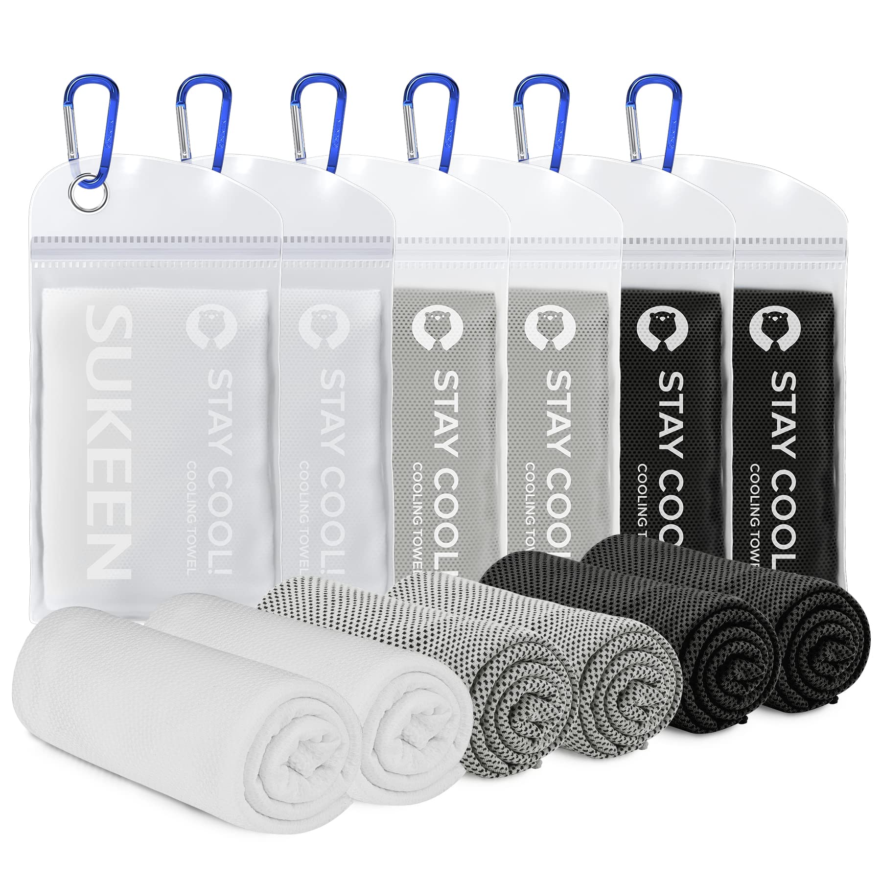 Sukeen Cooling Towel Gym 6pcs (40''x12''), Quick Dry Fitness Ice Golf Yoga Sports Towels for Neck and Face,Cool Instant, 2-black+2-grey+2-white