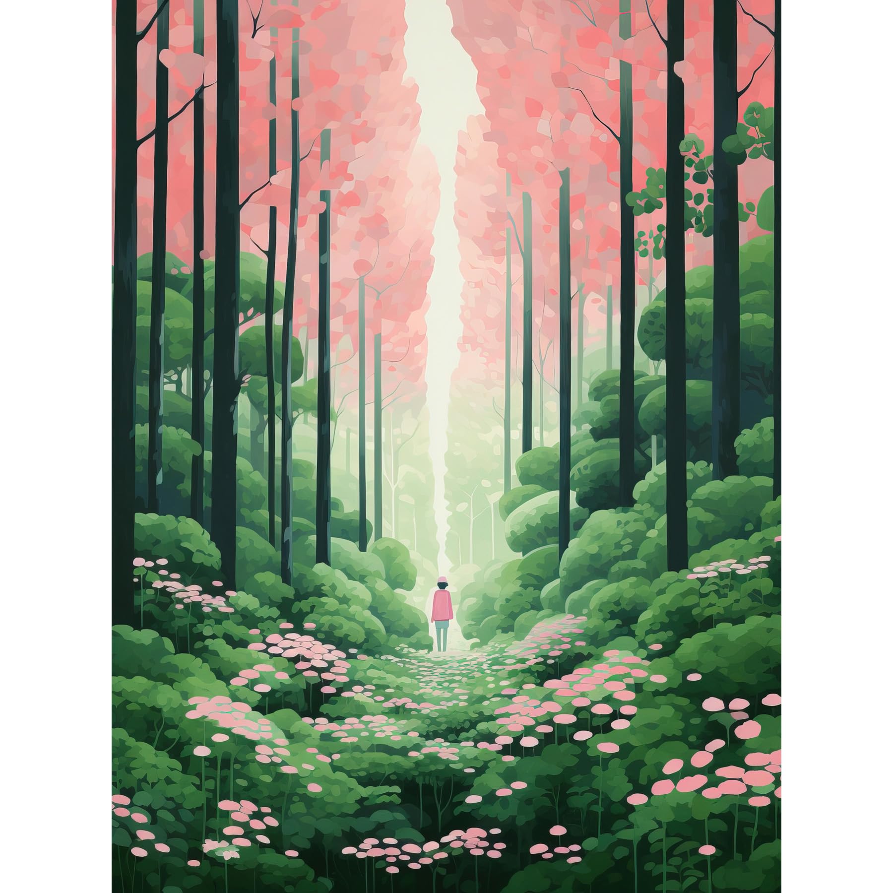 Artery8 Mount Yoshino Cherry Blossom Tree Forest Bright Artwork Baby Pink Green Walk in Nature Trail Large Wall Art Poster Print Thick Paper 18X24 Inch