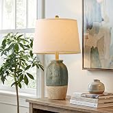 Vortether 22.5" Green Ceramic Table Lamps for Bedroom, Boho Nightstand Lamp | Small Bedside Lamps, Farmhouse Hand-Textured Home Decor Living Room,Vintage Rustic Side End Table Lamps, Green&amp;Earthy Yellow