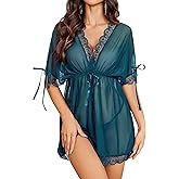 Avidlove Women's 2 Piece Short Sleeve Ruffle Mesh Sheer Nightgowns with Thongs Babydoll Lingerie Set