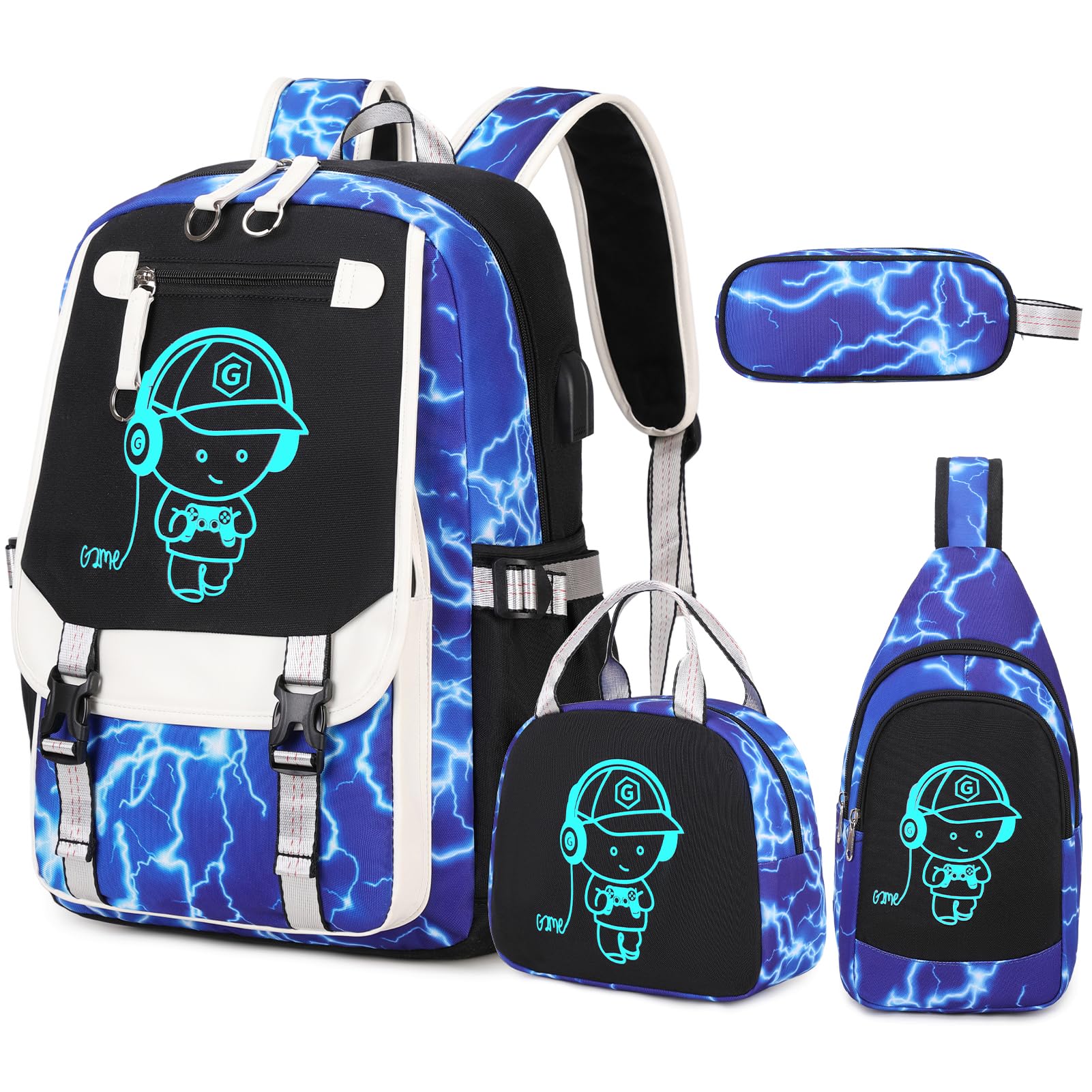Photo 1 of Bevalsa Backpack for Boys, Cool Luminous Boys Backpack with Sling Bag, Lunch Box & Pen Case, School Bags for Kids Children Teens Elementary Middle Schools, Bookbag Glow In The Dark (Lightning)
