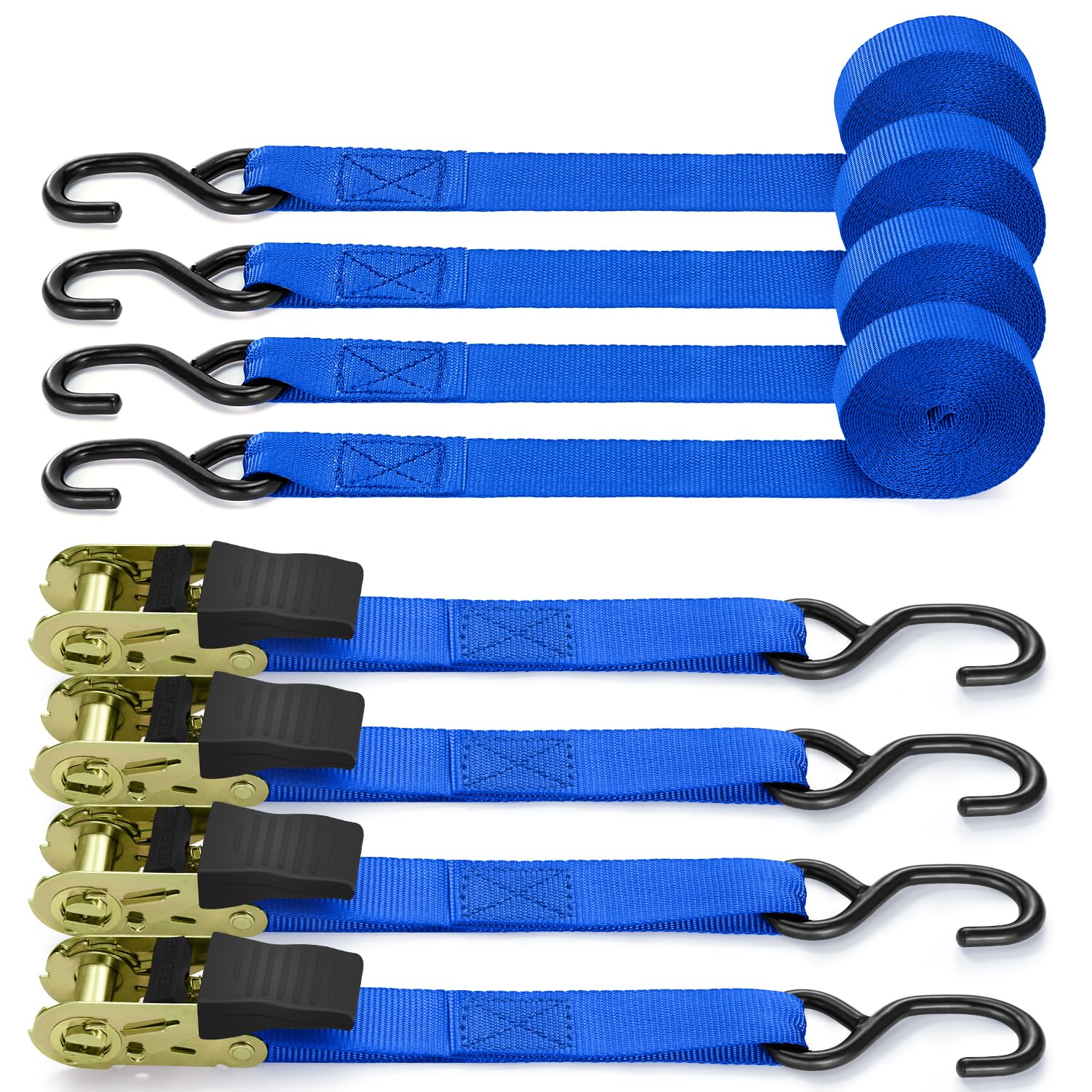 Ratchet Straps with Hook 4 Pack, Ohuhu 4.6m x 25mm 680kg Break Strength Heavy Duty Ratchet Tie Down Straps Lashing Straps with S Hook for Motorcycles/Car/Trailer, Blue