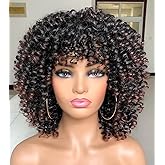 RunM hair Short Curly Wigs for Black Women with Bangs Curly Afro Wig Big Bouncy Fluffy Kinky Synthetic Wig for Daily Party Cosplay(Black Omber Brown)