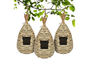 Gute Hummingbird Houses for Outside Hanging, Natural Grass Hanging Bird Hut, Hand Woven Hummingbird Nest, Large Wren Finch Bird House for Garden Window Outdoor Home Decoration, 3 Pack