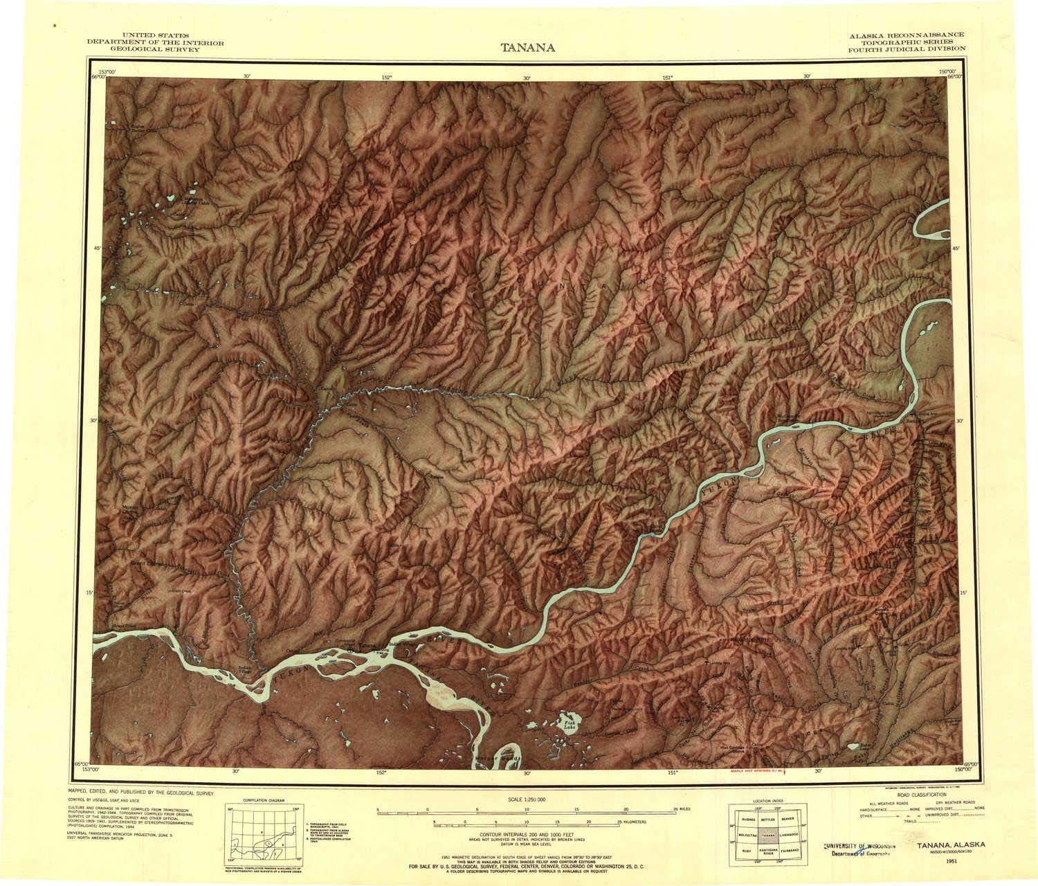YellowMaps Tanana AK topo map, 1:250000 Scale, 1 X 3 Degree, Historical, 1951, Updated 1952, 22.6 x 26.5 in