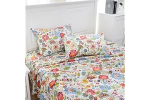 MEISHANG Queen Sheet Set - Floral Sheets Deep Pocket Ultra Soft Brushed Microfiber with Up to 16" Mattresses - Wrinkle Free - 4 Pieces(Queen,Spring Flower)