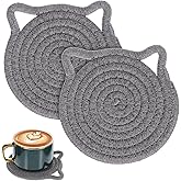 2 PCS Cute Coasters, Absorbent Fabric Mug Pads Cat Ear Shape Large Size Coasters for Drinks Handmade Braided Cotton Coaster for Wooden Table Tabletop Protection, Home Decor (Grey)