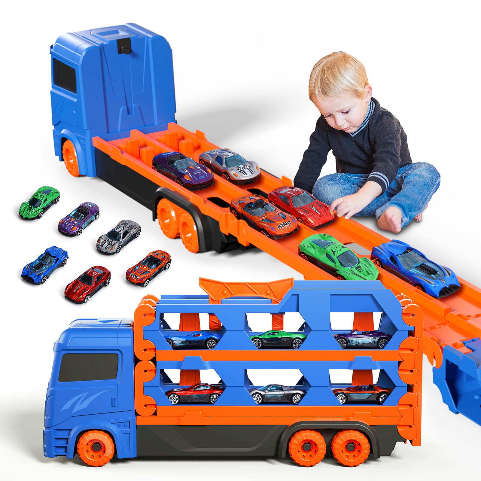 Toddler Toys for 2 3 4 5 6 Years Old Boys, Die-Cast Transport Truck Car Toys 61-Inch Race Track for Boys Kids, Toddler Car Toys Set for Kids Boys Girls