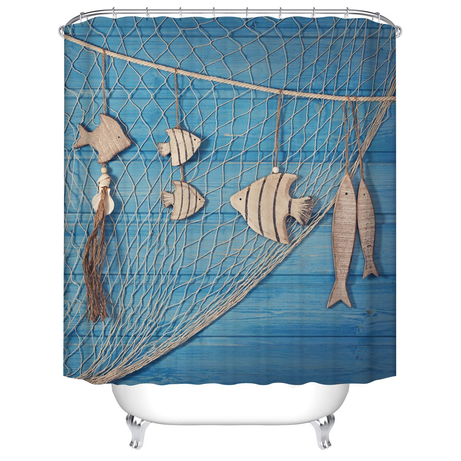 Fangkun Shower Curtain Fish and Fishing Nets Against Blue Wooden Board Design Bath Curtains - Polyester Bathroom Curtains Decor Set - 12pcs Shower Hooks - 72 x 72 inches
