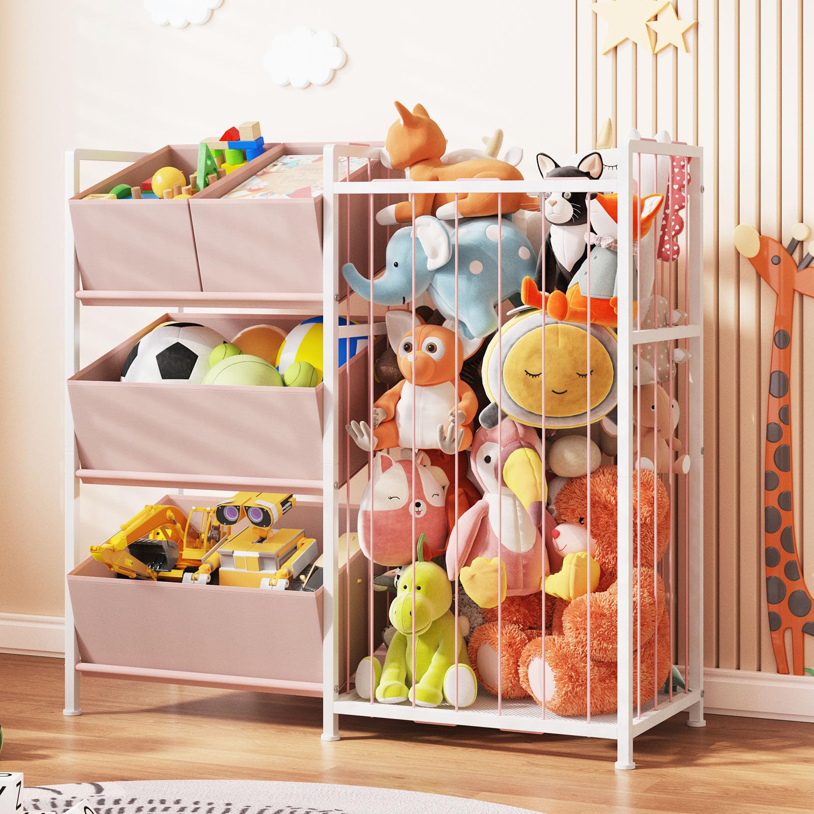 Photo 1 of BBLIKE Stuffed Animal Storage - Kids Storage Organizer with 4 Removable Bins, Kids Storage Toy Shelf Organizer for Stuffed Animal Holder for Bedroom Playroom Nursery, Pink