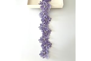 BUYSK 2 Yards 3D Pearl Beads Flower Lace Trim Ribbon Floral Applique Embroidered Lace Fabric for Sewing DIY Crafts (Purple)