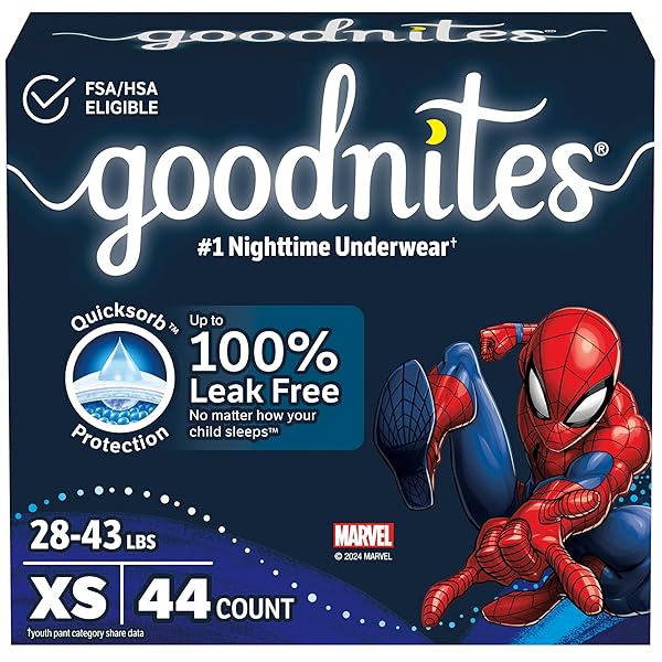 GOODNITES BOYS’ NIGHTTIME BEDWETTING UNDERWEAR, SIZE EXTRA SMALL (28-43 LBS), 44 CT (2 PACKS OF 22), PACKAGING MAY VARY